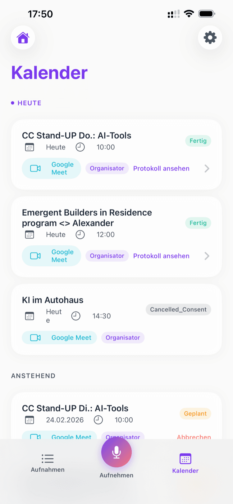 Vox2Doc Kalender-Ansicht