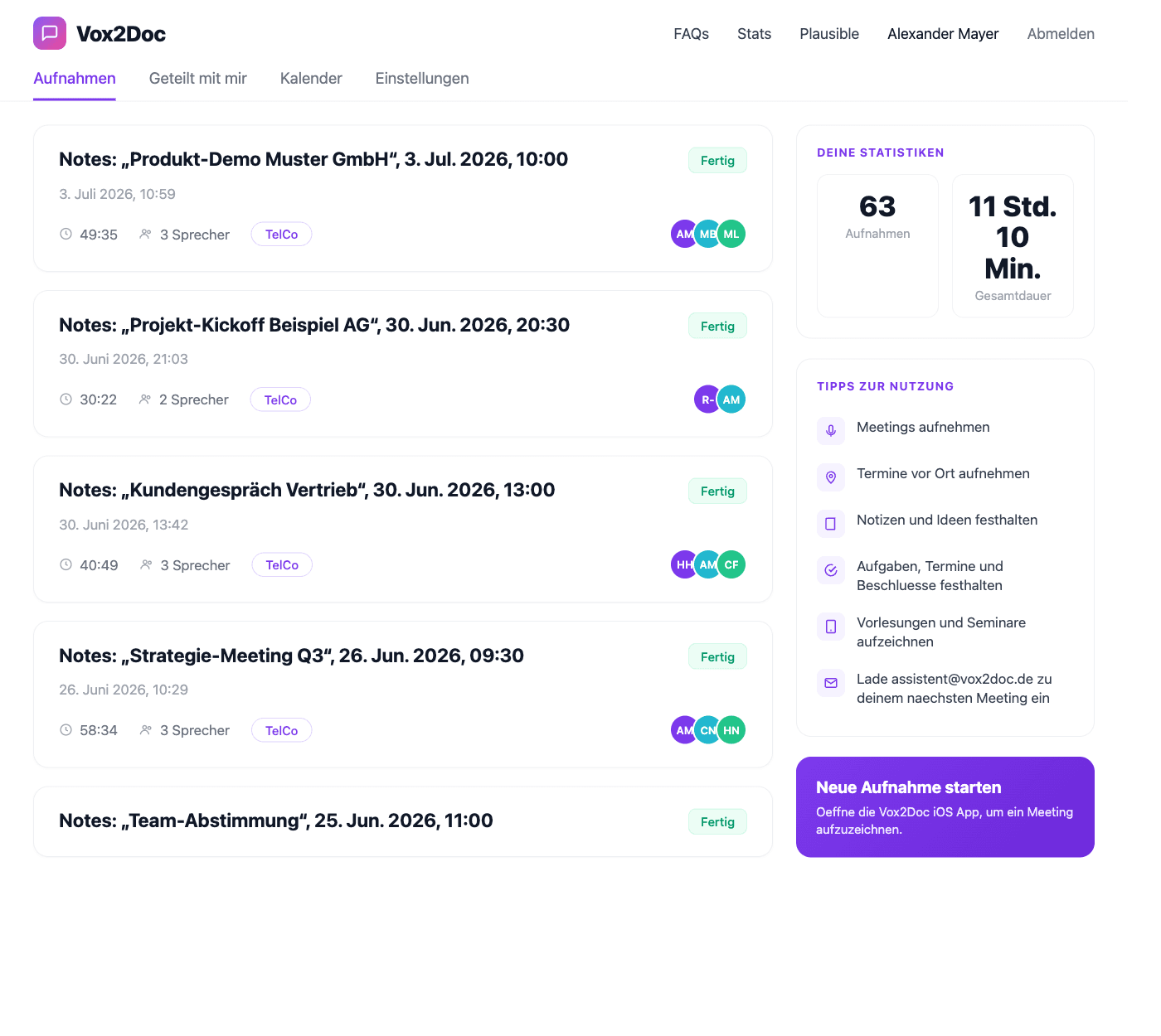 Vox2Doc Web-Dashboard — Übersicht der Meeting-Protokolle